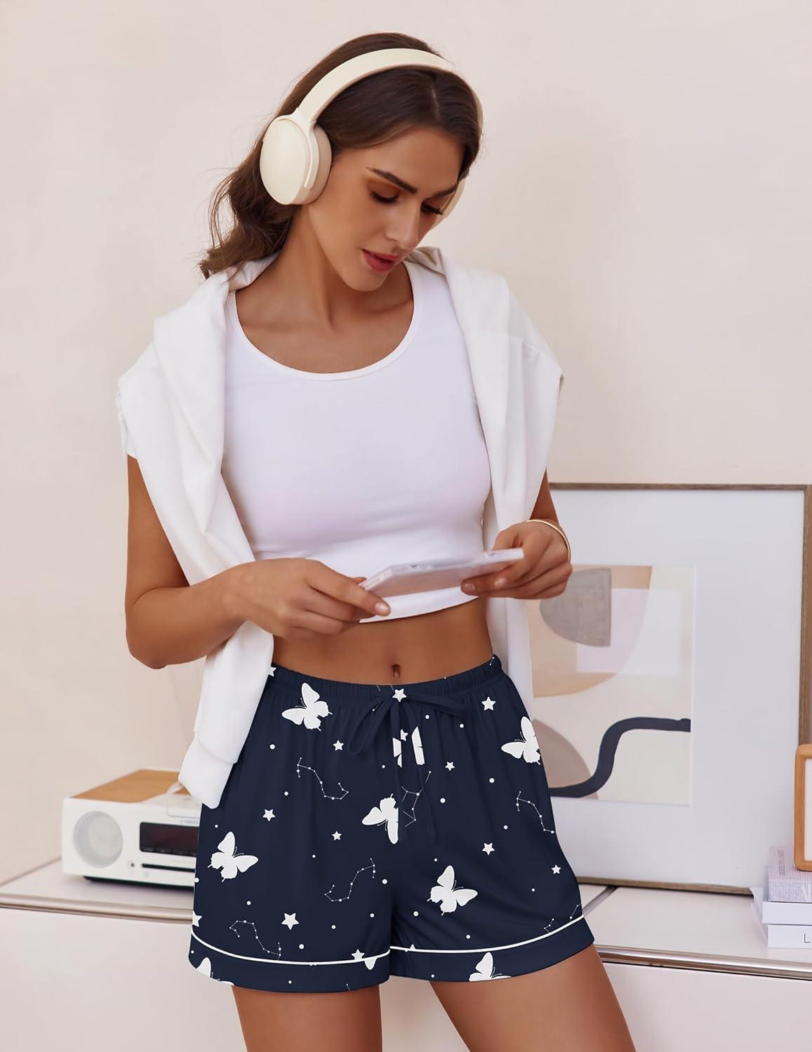imageEkouaer Womens Pajama Shorts Casual Summer Sleep Shorts Cute Printed Lounge Pj Bottoms with Drawstring amp PocketsSky Butterfly