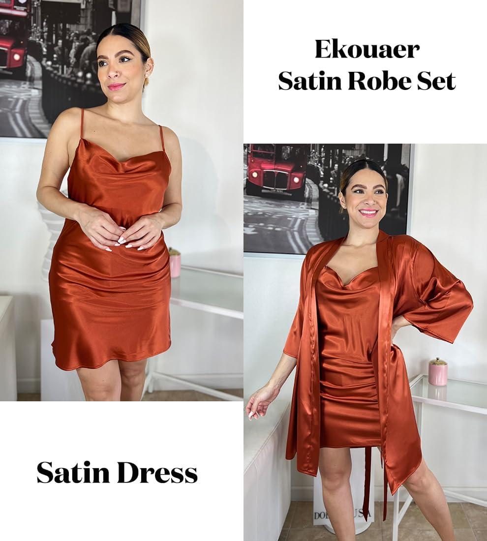 imageEkouaer Womens Satin Robe Set Nightgown with Robes Silk Pajama Set 2 Pieces Lingerie Cowl Neck Cami Sleepwear SetsBrown