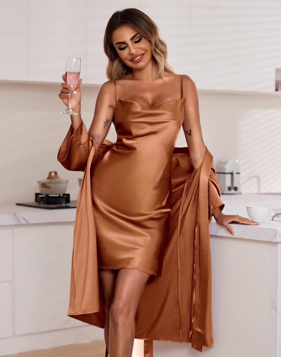 imageEkouaer Womens Satin Robe Set Nightgown with Robes Silk Pajama Set 2 Pieces Lingerie Cowl Neck Cami Sleepwear SetsBrown