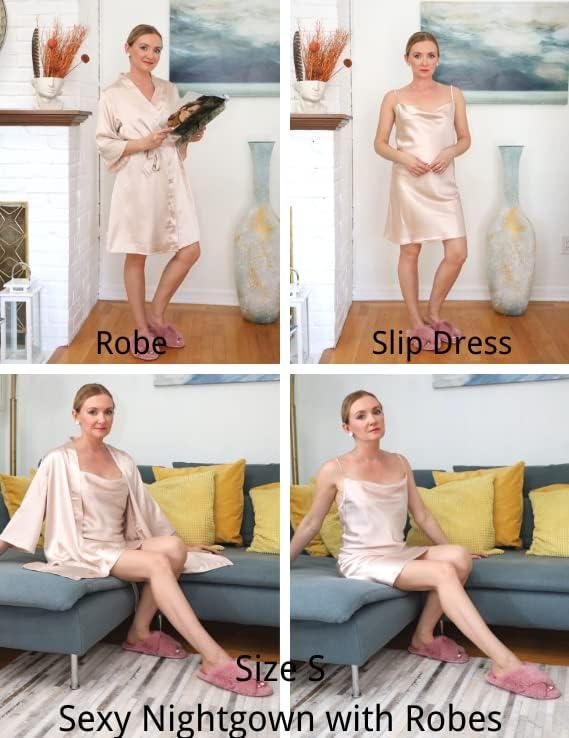 imageEkouaer Womens Satin Robe Set Nightgown with Robes Silk Pajama Set 2 Pieces Lingerie Cowl Neck Cami Sleepwear SetsChampagne