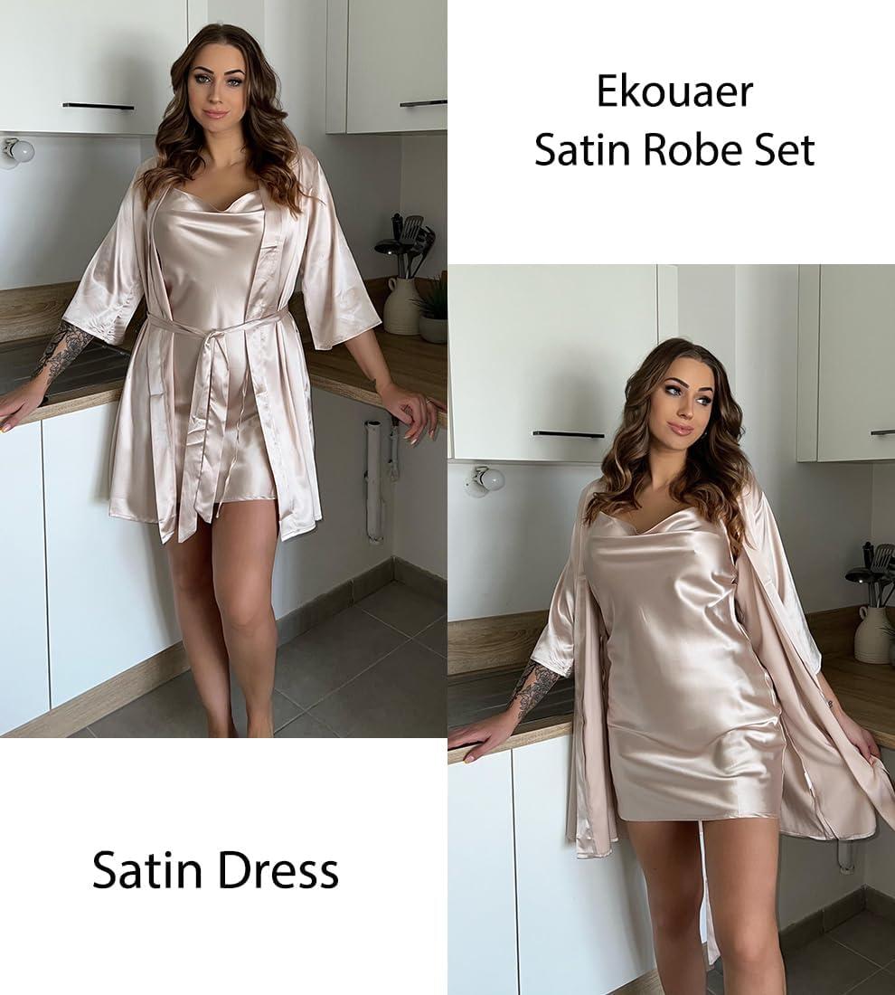 imageEkouaer Womens Satin Robe Set Nightgown with Robes Silk Pajama Set 2 Pieces Lingerie Cowl Neck Cami Sleepwear SetsChampagne