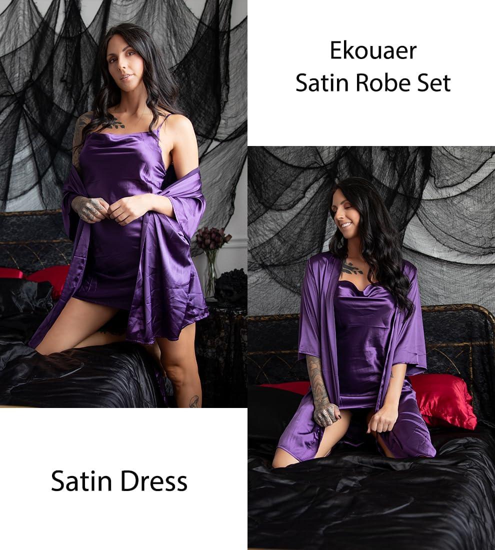 imageEkouaer Womens Satin Robe Set Nightgown with Robes Silk Pajama Set 2 Pieces Lingerie Cowl Neck Cami Sleepwear SetsDeep Purple