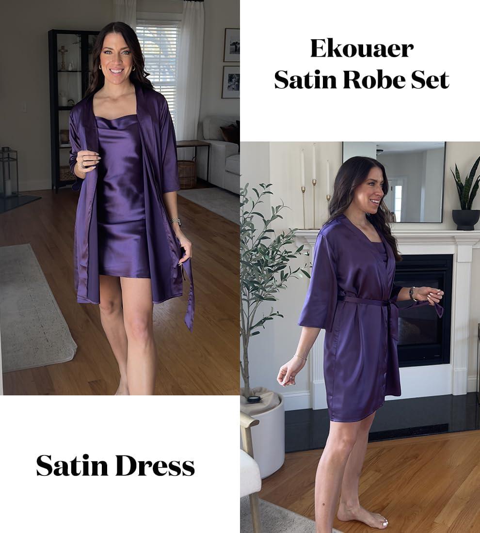 imageEkouaer Womens Satin Robe Set Nightgown with Robes Silk Pajama Set 2 Pieces Lingerie Cowl Neck Cami Sleepwear SetsDeep Purple
