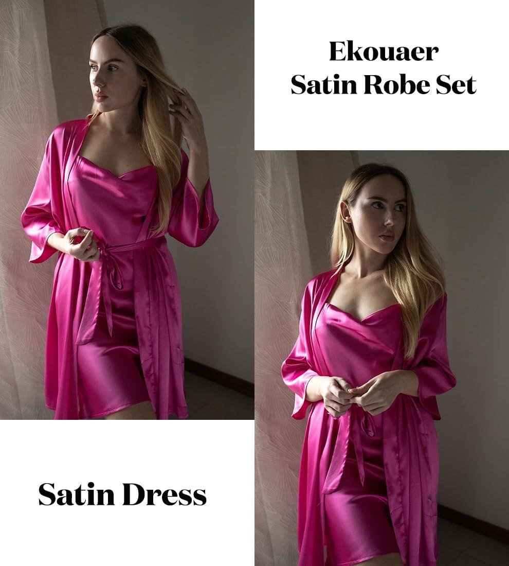 imageEkouaer Womens Satin Robe Set Nightgown with Robes Silk Pajama Set 2 Pieces Lingerie Cowl Neck Cami Sleepwear SetsHot Pink