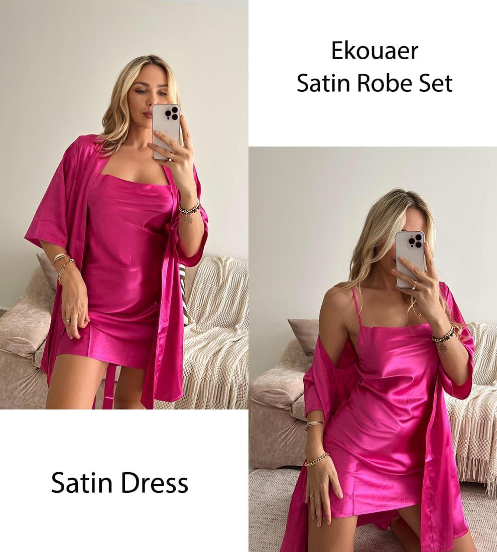 imageEkouaer Womens Satin Robe Set Nightgown with Robes Silk Pajama Set 2 Pieces Lingerie Cowl Neck Cami Sleepwear SetsHot Pink