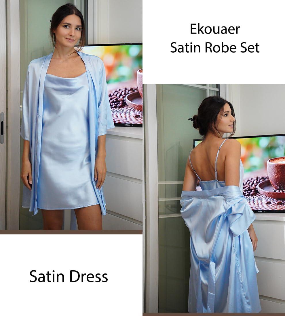 imageEkouaer Womens Satin Robe Set Nightgown with Robes Silk Pajama Set 2 Pieces Lingerie Cowl Neck Cami Sleepwear SetsLight Blue