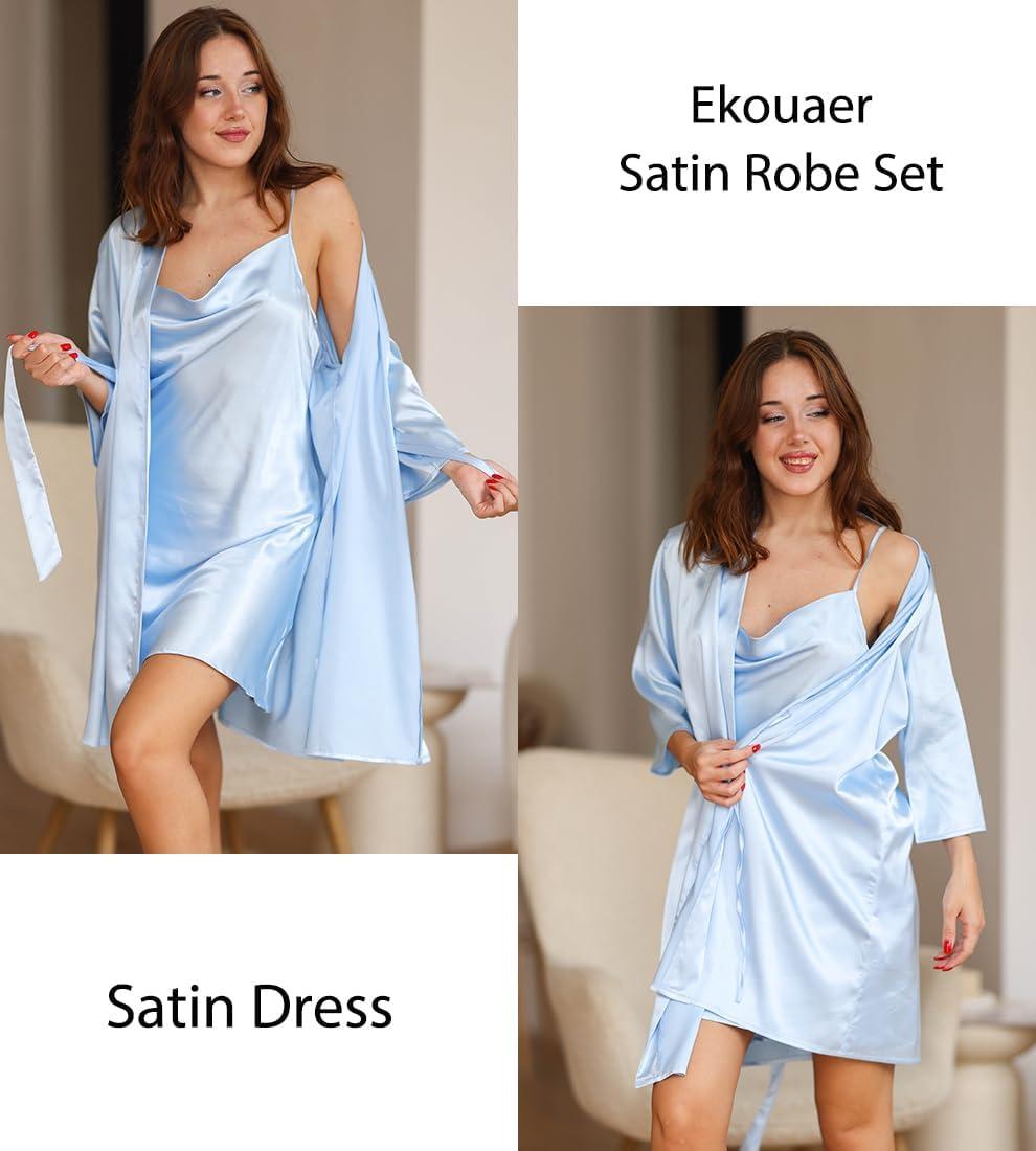 imageEkouaer Womens Satin Robe Set Nightgown with Robes Silk Pajama Set 2 Pieces Lingerie Cowl Neck Cami Sleepwear SetsLight Blue