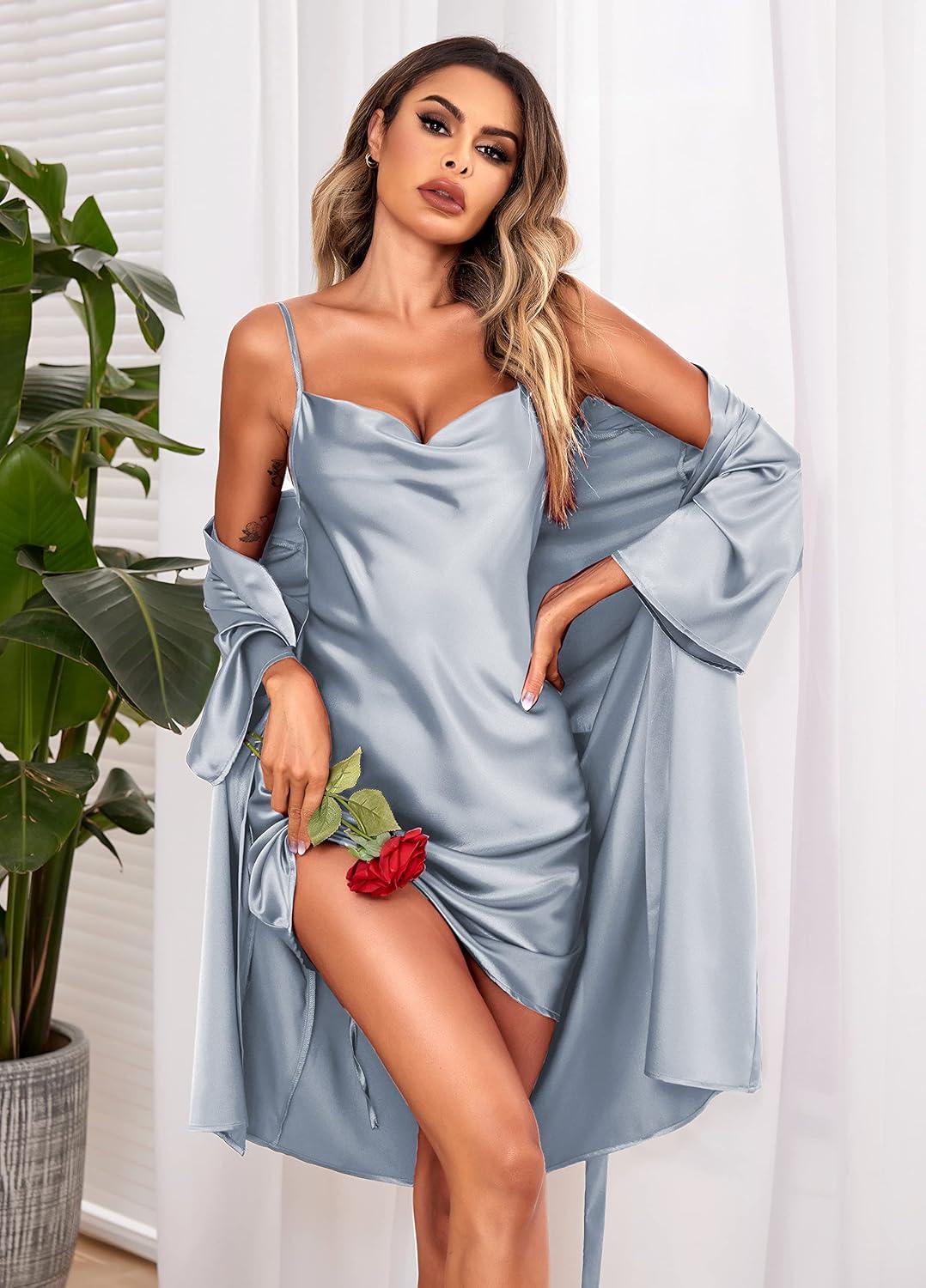 imageEkouaer Womens Satin Robe Set Nightgown with Robes Silk Pajama Set 2 Pieces Lingerie Cowl Neck Cami Sleepwear SetsLight Blue