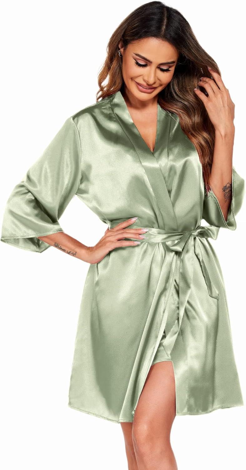 imageEkouaer Womens Satin Robe Set Nightgown with Robes Silk Pajama Set 2 Pieces Lingerie Cowl Neck Cami Sleepwear SetsMint Green