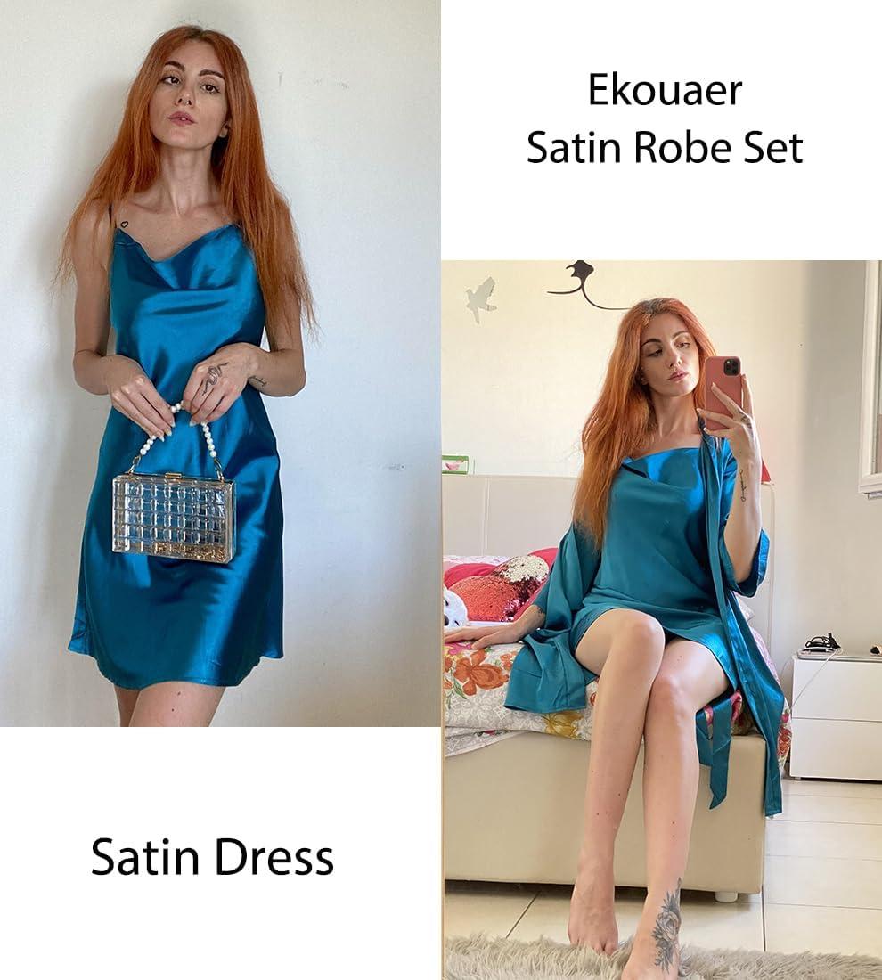 imageEkouaer Womens Satin Robe Set Nightgown with Robes Silk Pajama Set 2 Pieces Lingerie Cowl Neck Cami Sleepwear SetsNavy Blue