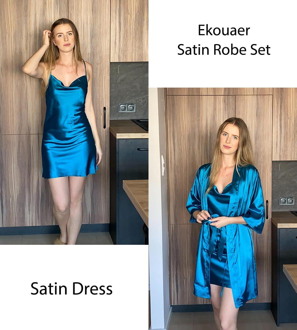 imageEkouaer Womens Satin Robe Set Nightgown with Robes Silk Pajama Set 2 Pieces Lingerie Cowl Neck Cami Sleepwear SetsNavy Blue