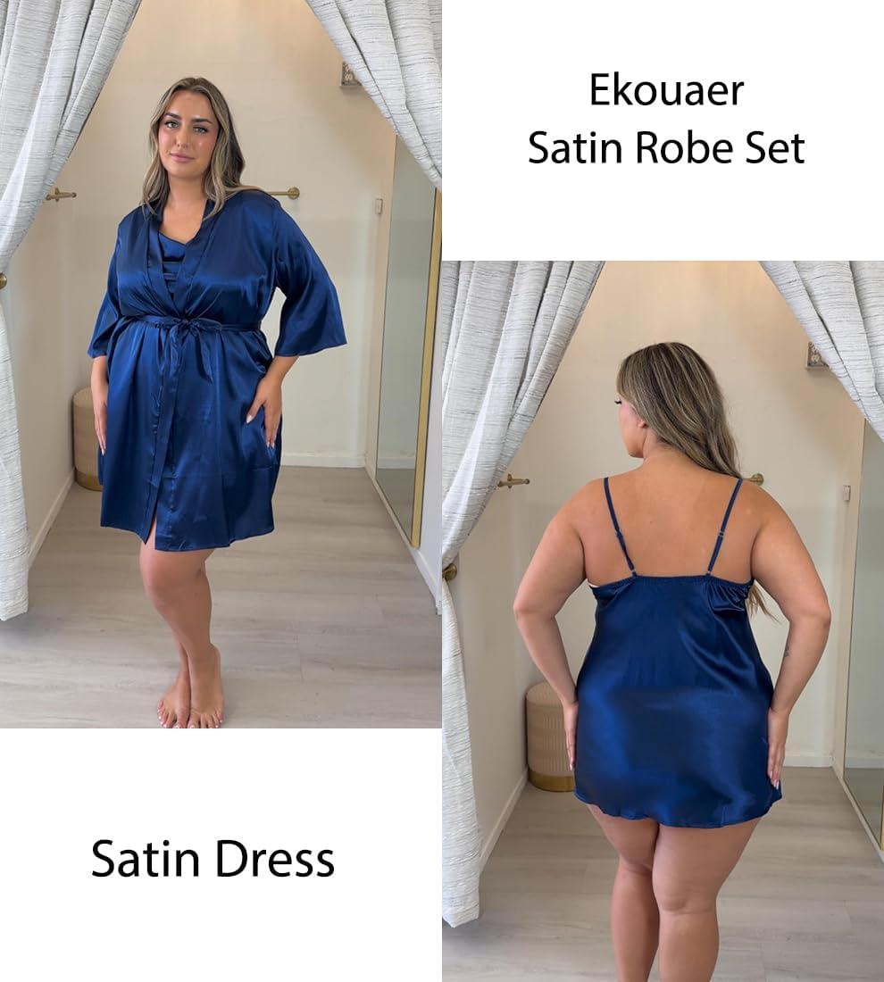 imageEkouaer Womens Satin Robe Set Nightgown with Robes Silk Pajama Set 2 Pieces Lingerie Cowl Neck Cami Sleepwear SetsNavy Blue