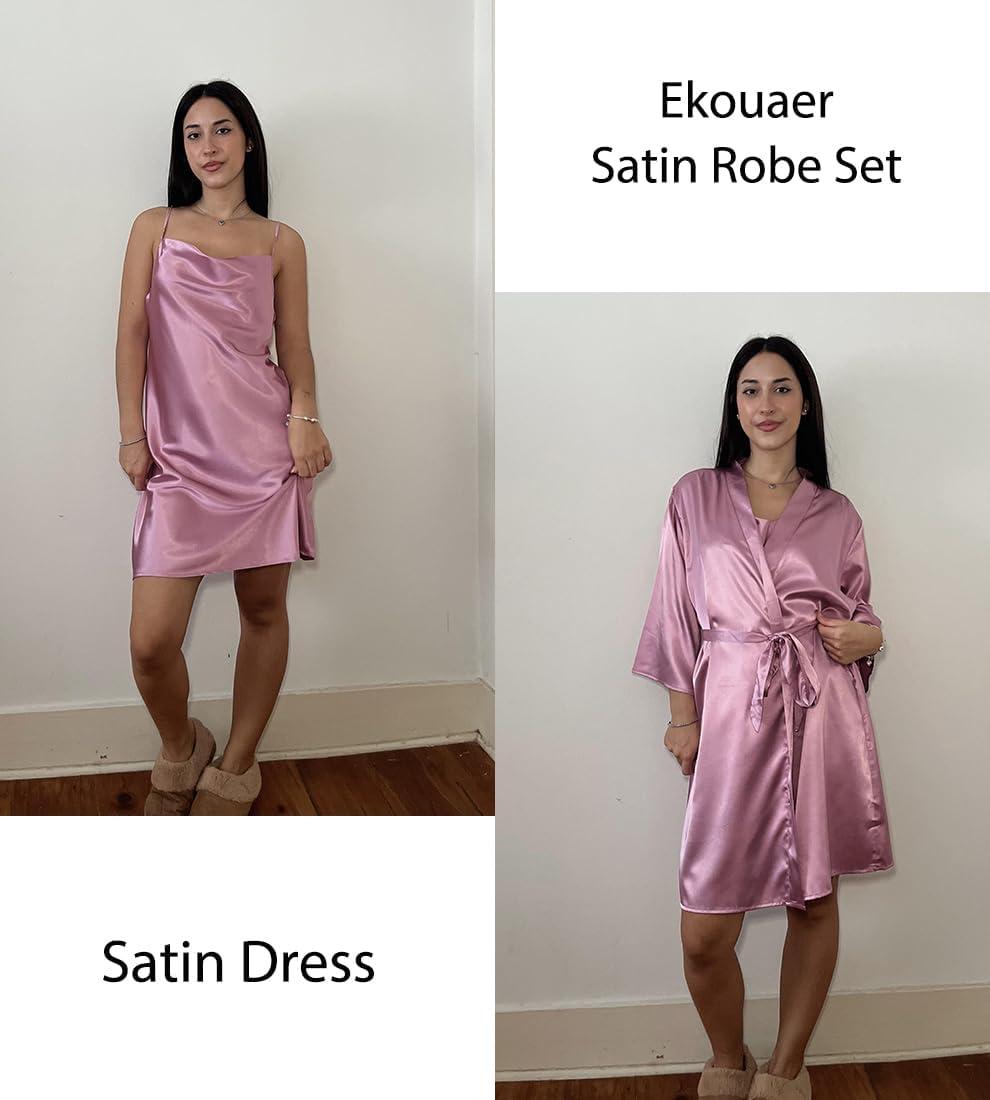 imageEkouaer Womens Satin Robe Set Nightgown with Robes Silk Pajama Set 2 Pieces Lingerie Cowl Neck Cami Sleepwear SetsPurple Red