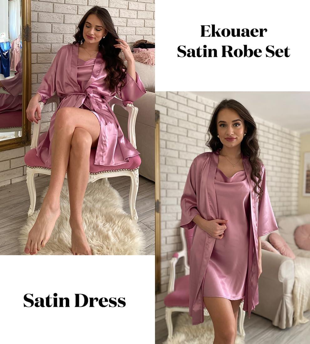 imageEkouaer Womens Satin Robe Set Nightgown with Robes Silk Pajama Set 2 Pieces Lingerie Cowl Neck Cami Sleepwear SetsPurple Red