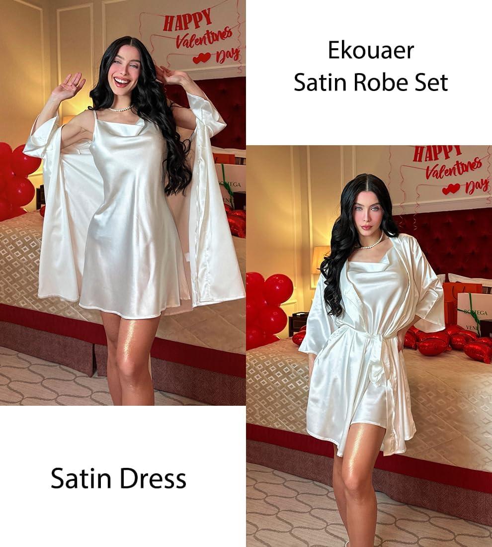 imageEkouaer Womens Satin Robe Set Nightgown with Robes Silk Pajama Set 2 Pieces Lingerie Cowl Neck Cami Sleepwear SetsWhite
