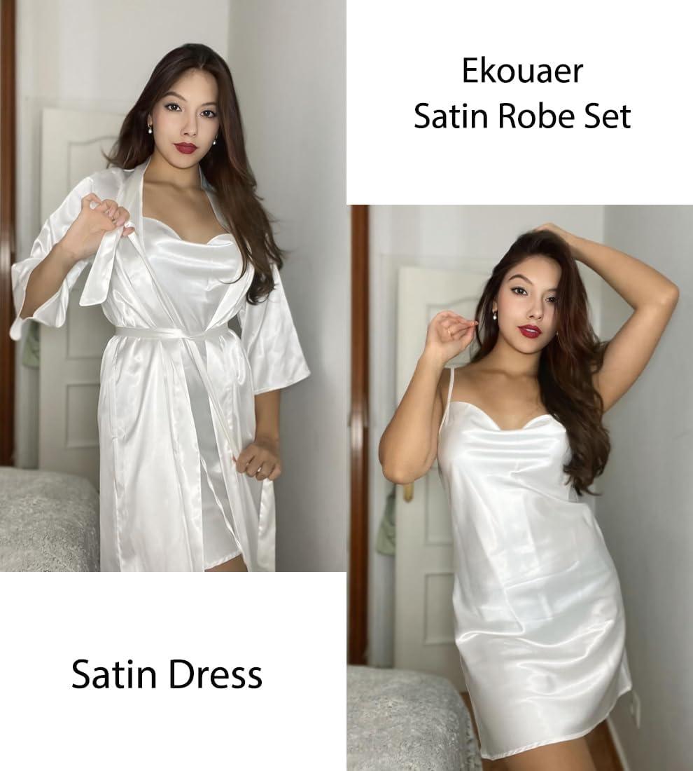 imageEkouaer Womens Satin Robe Set Nightgown with Robes Silk Pajama Set 2 Pieces Lingerie Cowl Neck Cami Sleepwear SetsWhite