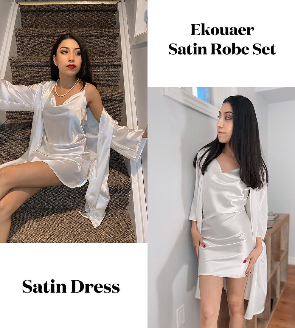 imageEkouaer Womens Satin Robe Set Nightgown with Robes Silk Pajama Set 2 Pieces Lingerie Cowl Neck Cami Sleepwear SetsWhite