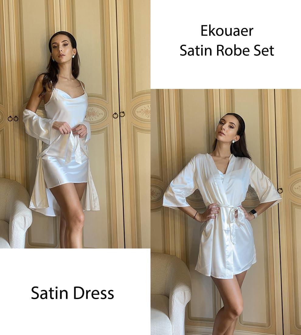 imageEkouaer Womens Satin Robe Set Nightgown with Robes Silk Pajama Set 2 Pieces Lingerie Cowl Neck Cami Sleepwear SetsWhite