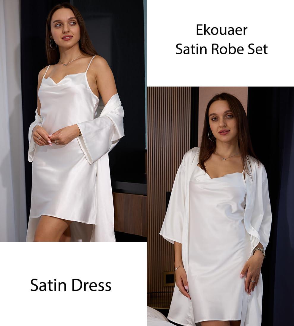 imageEkouaer Womens Satin Robe Set Nightgown with Robes Silk Pajama Set 2 Pieces Lingerie Cowl Neck Cami Sleepwear SetsWhite