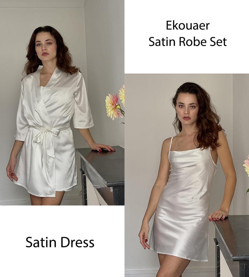 imageEkouaer Womens Satin Robe Set Nightgown with Robes Silk Pajama Set 2 Pieces Lingerie Cowl Neck Cami Sleepwear SetsWhite