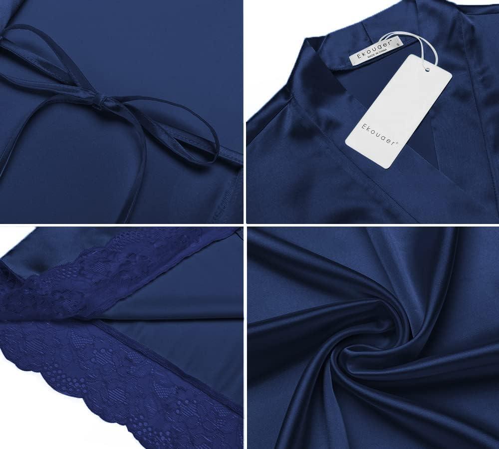 imageEkouaer Womens Satin Robe Silk Kimono Bathrobe for Bride Long Bridesmaids Wedding Party Loungewear Sleepwear SXXLNavy Blue
