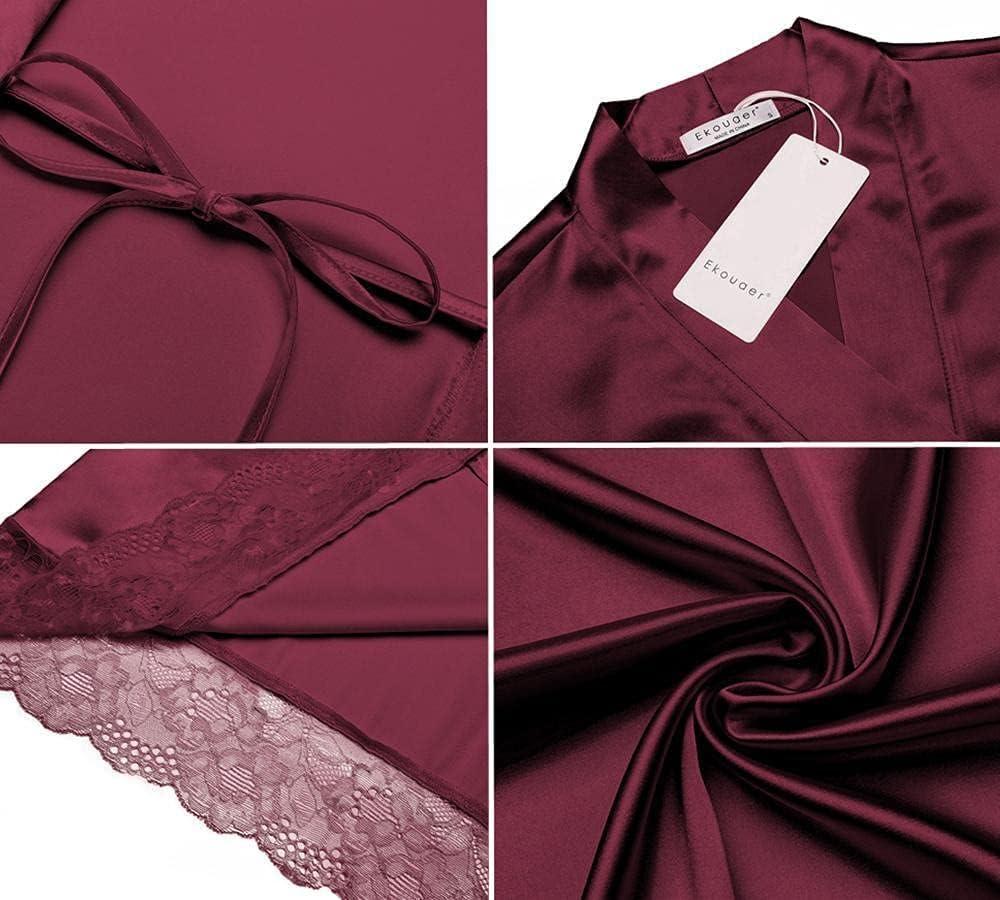 imageEkouaer Womens Satin Robe Silk Kimono Bathrobe for Bride Long Bridesmaids Wedding Party Loungewear Sleepwear SXXLWine Red