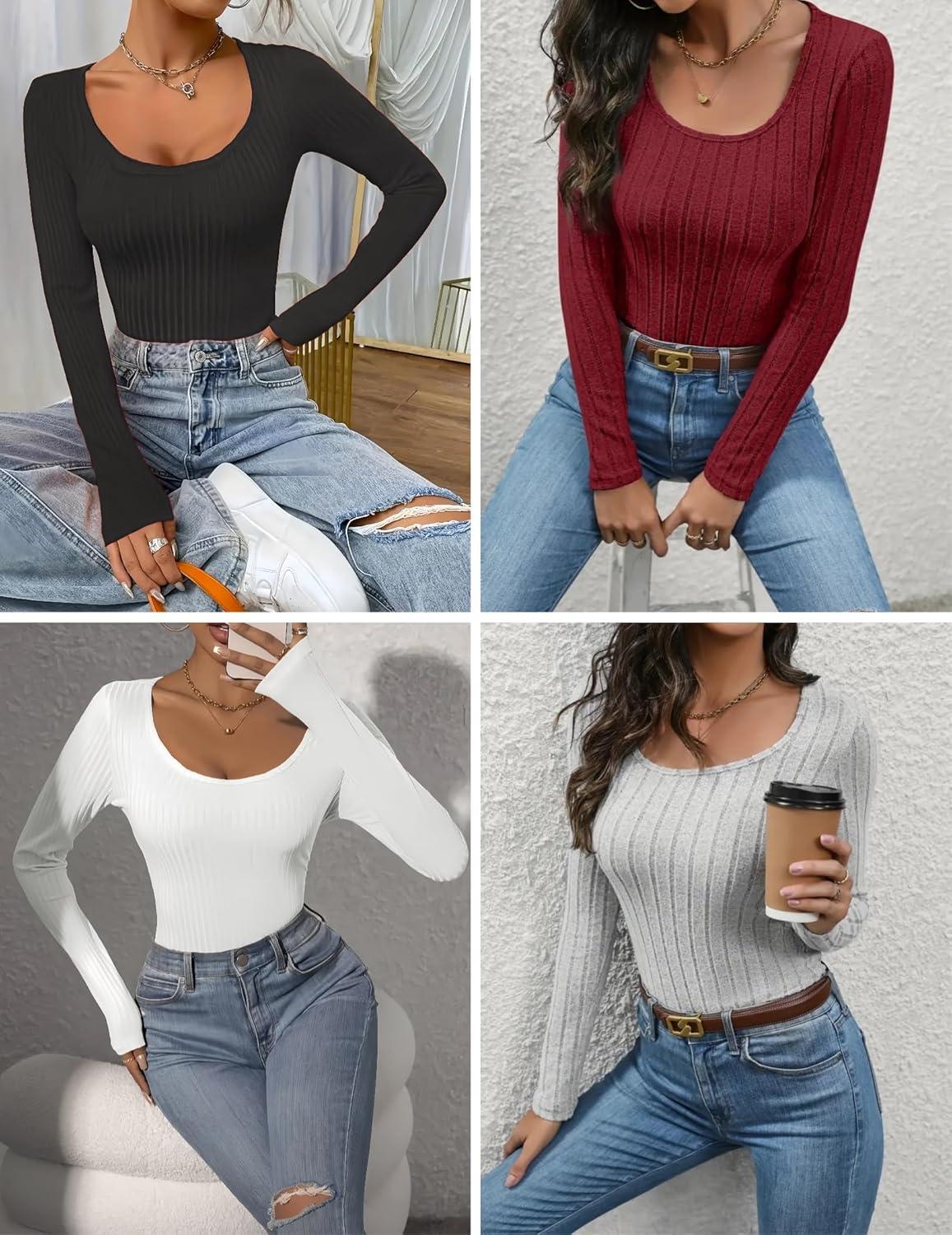 imageEkouaer Womens Scoop Neck Shirts Long Sleeve Top Basic Ribbed Tee Lightweight Thermal Undershirt Slim Fit Pullover SweaterGray