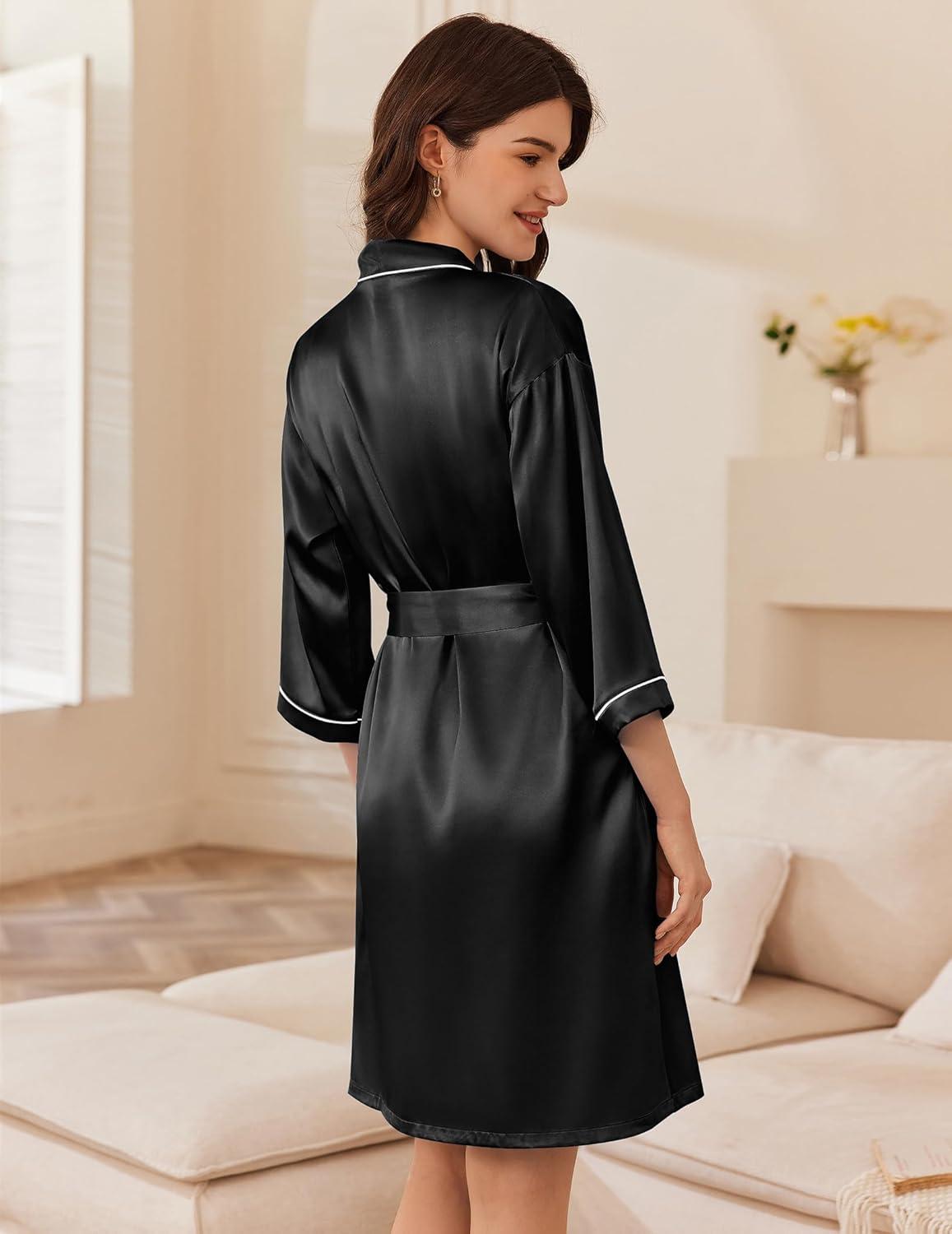 imageEkouaer Womens Silk Robe Set V Neck 2 Piece Satin Bathrobes 34 Sleeves Bridal Sleepwear Sexy Cami NightgownBlack