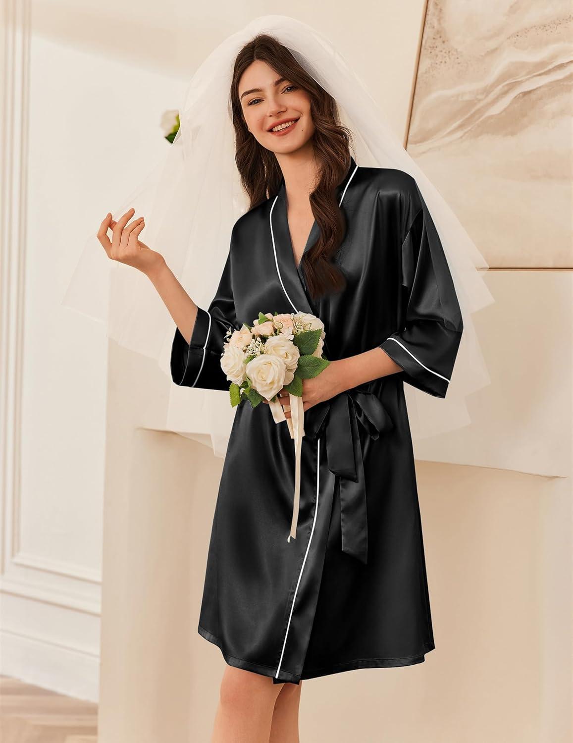 imageEkouaer Womens Silk Robe Set V Neck 2 Piece Satin Bathrobes 34 Sleeves Bridal Sleepwear Sexy Cami NightgownBlack