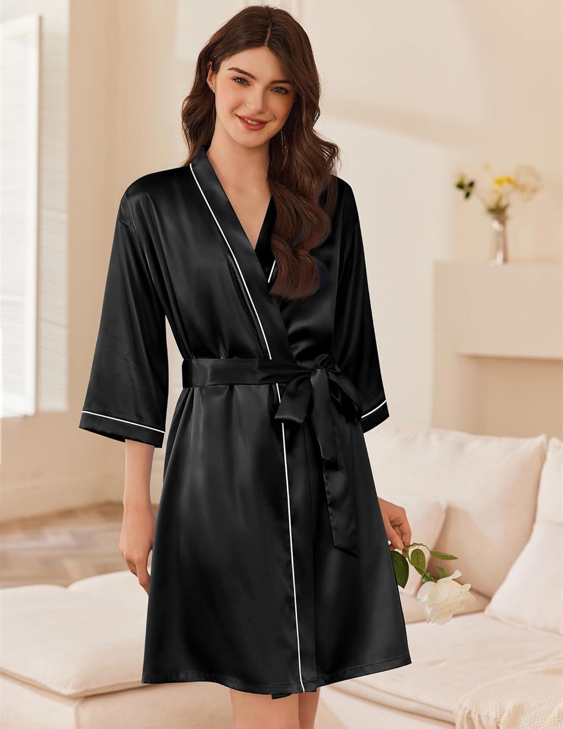 imageEkouaer Womens Silk Robe Set V Neck 2 Piece Satin Bathrobes 34 Sleeves Bridal Sleepwear Sexy Cami NightgownBlack