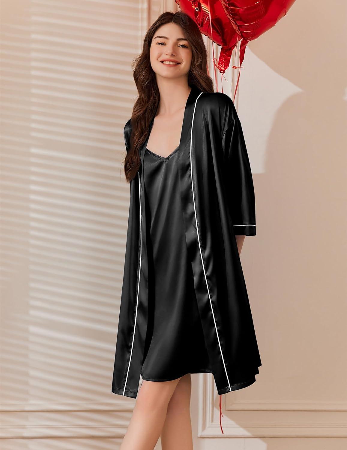imageEkouaer Womens Silk Robe Set V Neck 2 Piece Satin Bathrobes 34 Sleeves Bridal Sleepwear Sexy Cami NightgownBlack