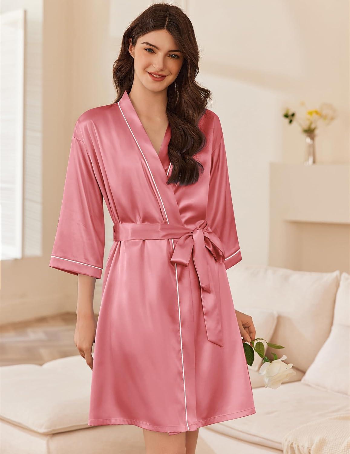 imageEkouaer Womens Silk Robe Set V Neck 2 Piece Satin Bathrobes 34 Sleeves Bridal Sleepwear Sexy Cami NightgownGray Purple