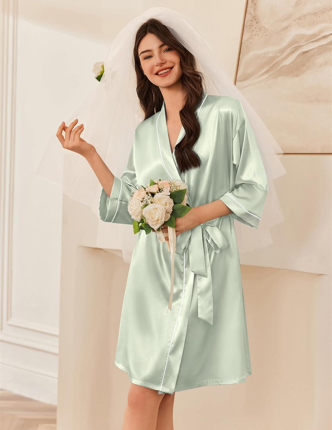imageEkouaer Womens Silk Robe Set V Neck 2 Piece Satin Bathrobes 34 Sleeves Bridal Sleepwear Sexy Cami NightgownLight Green