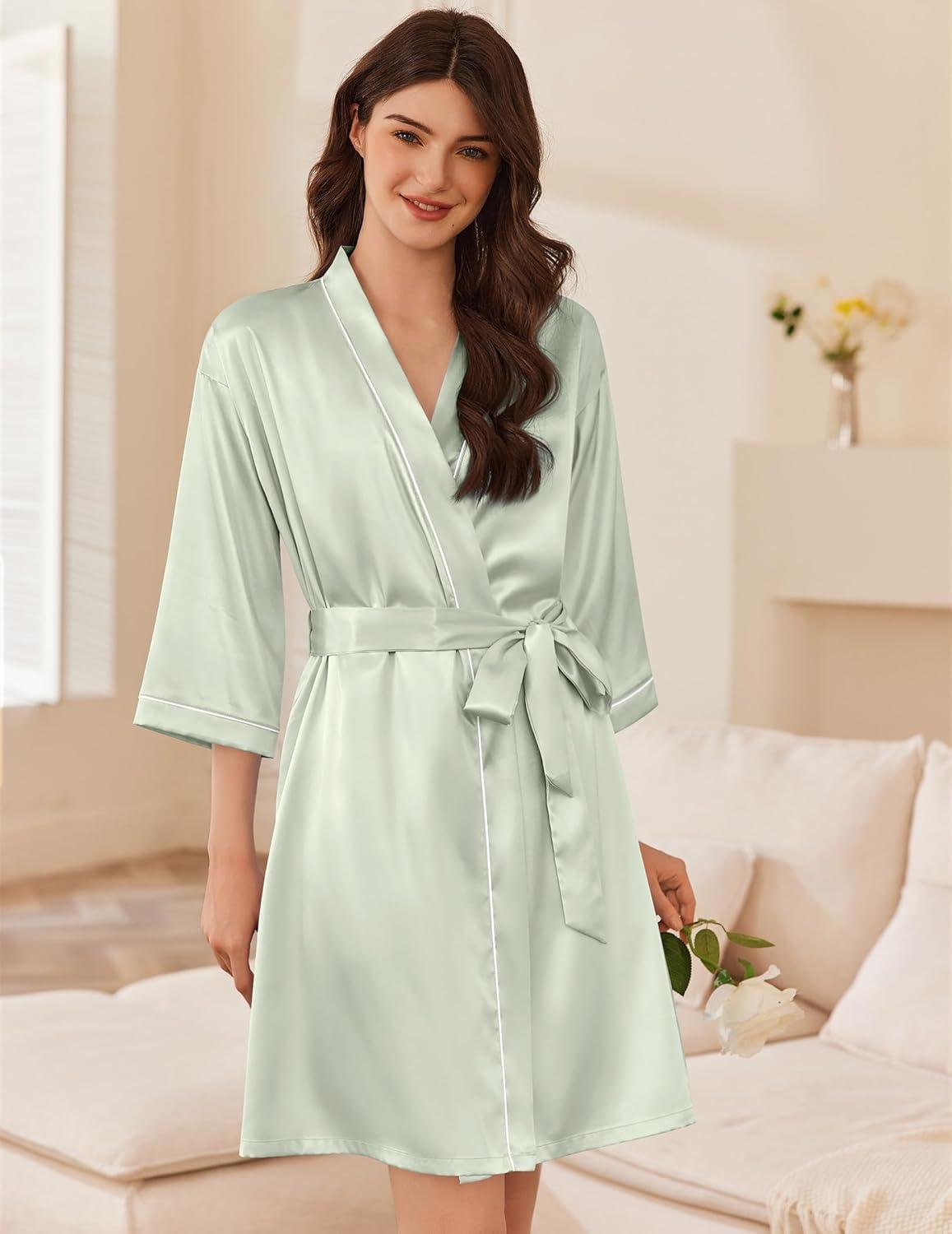 imageEkouaer Womens Silk Robe Set V Neck 2 Piece Satin Bathrobes 34 Sleeves Bridal Sleepwear Sexy Cami NightgownLight Green