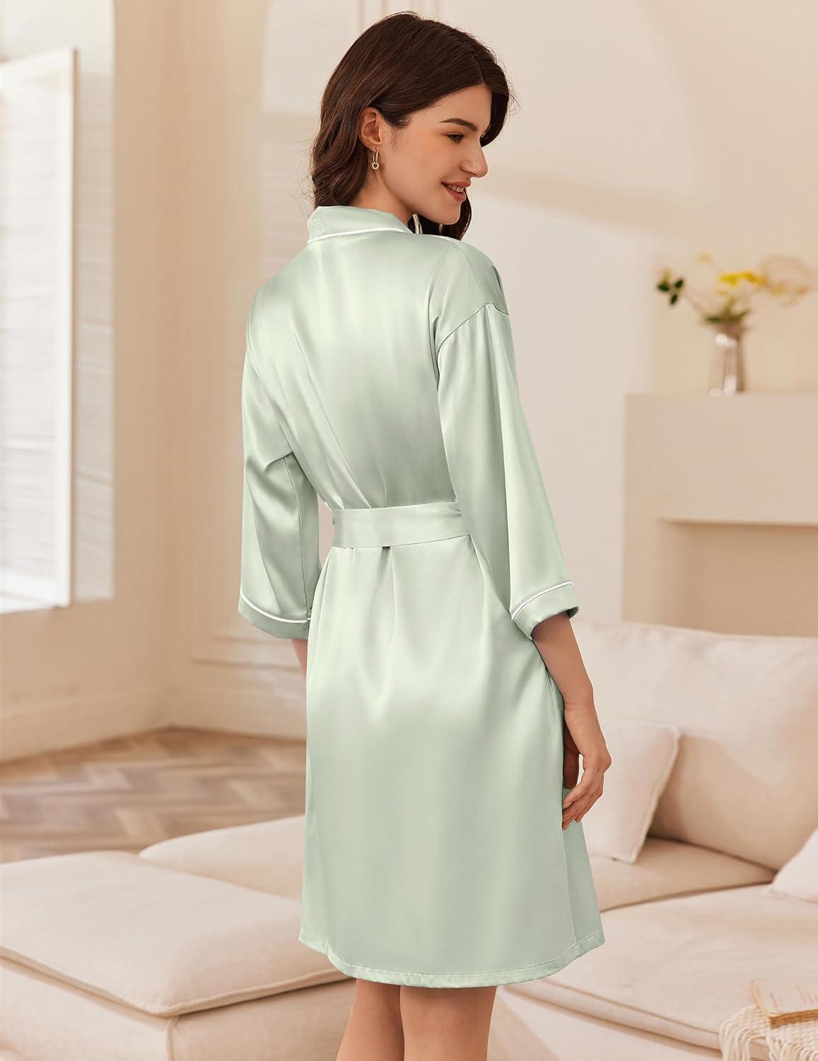 imageEkouaer Womens Silk Robe Set V Neck 2 Piece Satin Bathrobes 34 Sleeves Bridal Sleepwear Sexy Cami NightgownLight Green