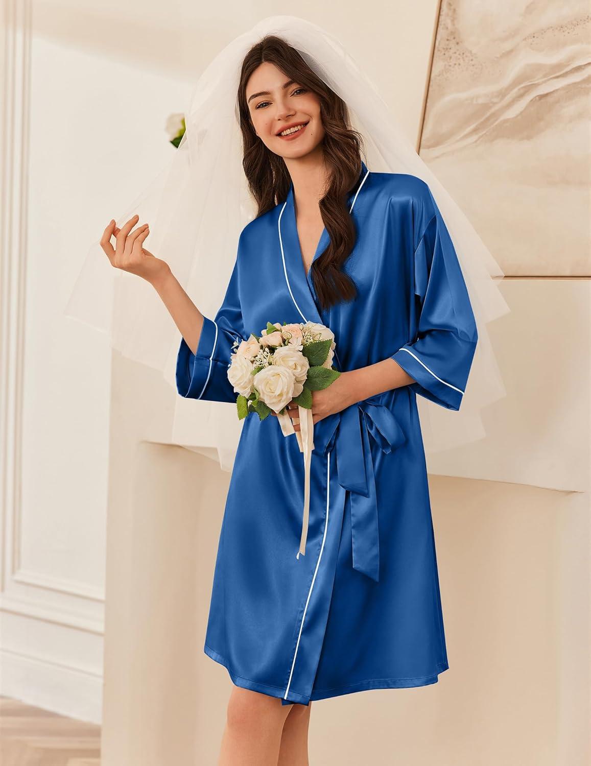 imageEkouaer Womens Silk Robe Set V Neck 2 Piece Satin Bathrobes 34 Sleeves Bridal Sleepwear Sexy Cami NightgownNavy