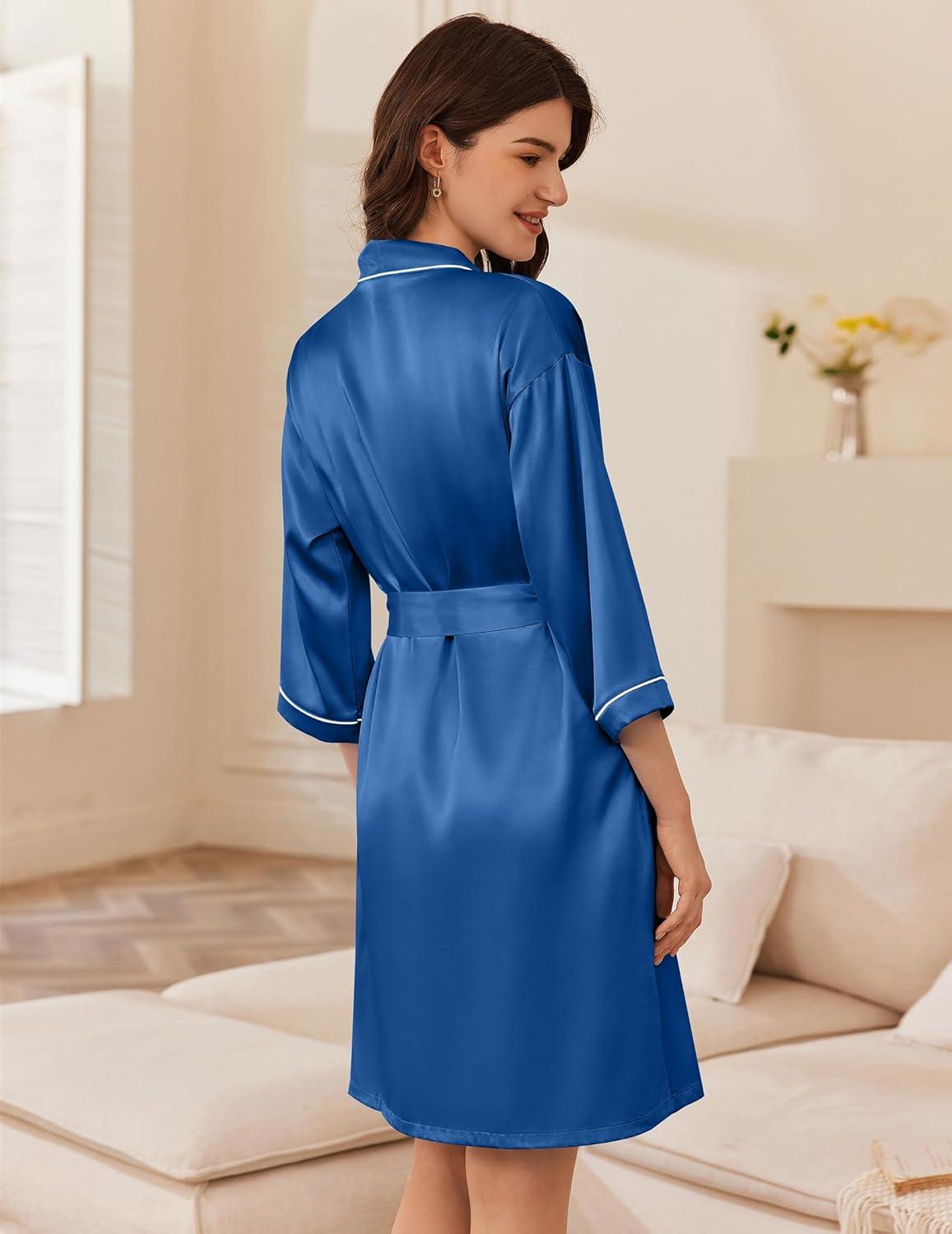 imageEkouaer Womens Silk Robe Set V Neck 2 Piece Satin Bathrobes 34 Sleeves Bridal Sleepwear Sexy Cami NightgownNavy