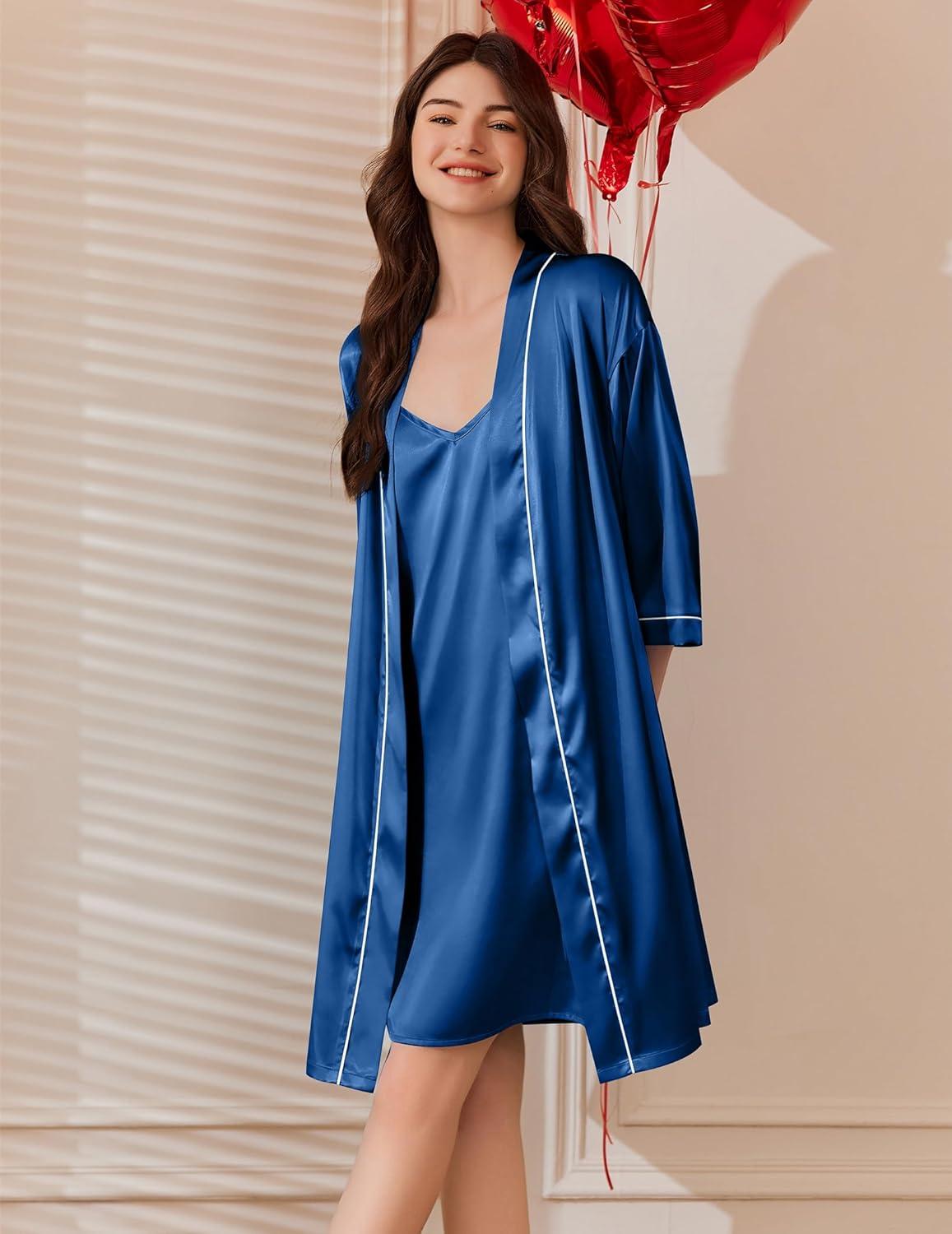 imageEkouaer Womens Silk Robe Set V Neck 2 Piece Satin Bathrobes 34 Sleeves Bridal Sleepwear Sexy Cami NightgownNavy