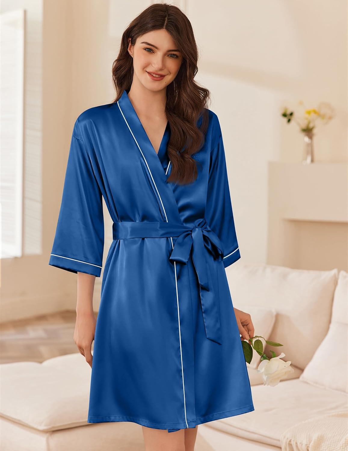 imageEkouaer Womens Silk Robe Set V Neck 2 Piece Satin Bathrobes 34 Sleeves Bridal Sleepwear Sexy Cami NightgownNavy