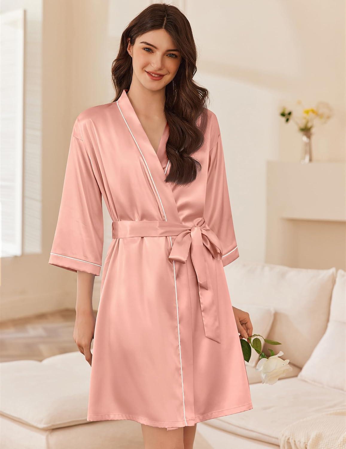 imageEkouaer Womens Silk Robe Set V Neck 2 Piece Satin Bathrobes 34 Sleeves Bridal Sleepwear Sexy Cami NightgownPastel Pink