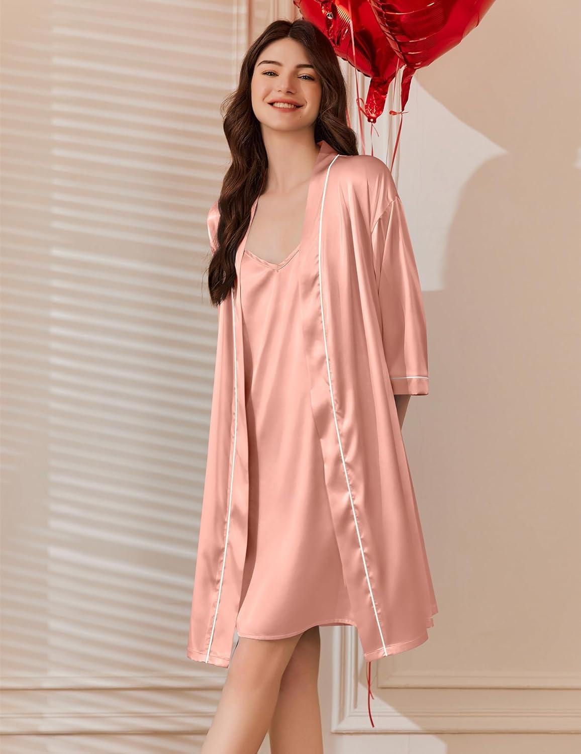 imageEkouaer Womens Silk Robe Set V Neck 2 Piece Satin Bathrobes 34 Sleeves Bridal Sleepwear Sexy Cami NightgownPastel Pink