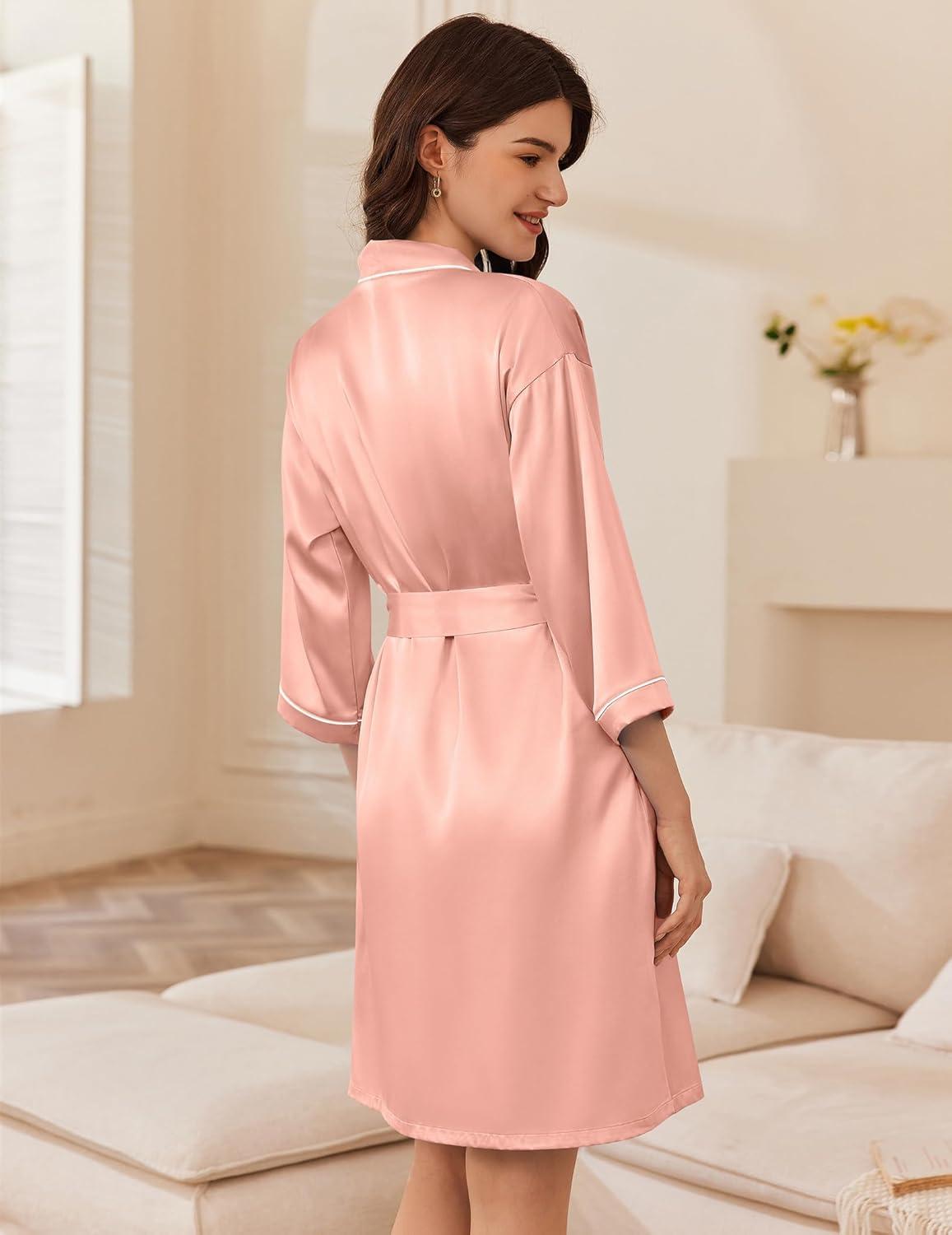 imageEkouaer Womens Silk Robe Set V Neck 2 Piece Satin Bathrobes 34 Sleeves Bridal Sleepwear Sexy Cami NightgownPastel Pink