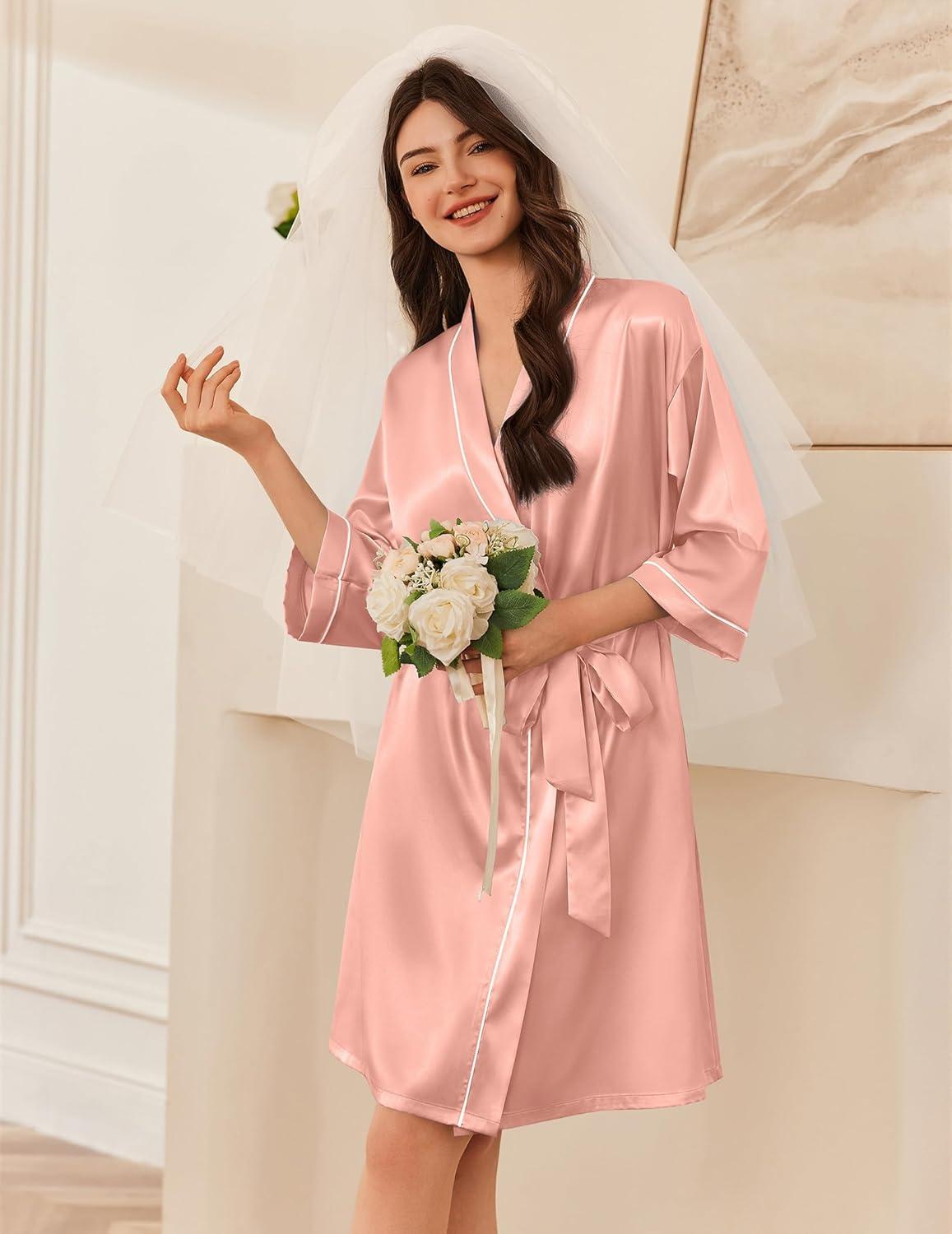 imageEkouaer Womens Silk Robe Set V Neck 2 Piece Satin Bathrobes 34 Sleeves Bridal Sleepwear Sexy Cami NightgownPastel Pink