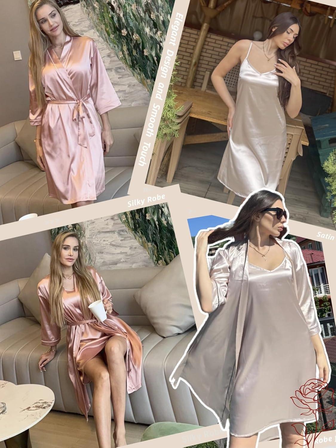 imageEkouaer Womens Silk Robe Set V Neck 2 Piece Satin Bathrobes 34 Sleeves Bridal Sleepwear Sexy Cami NightgownPastel Pink