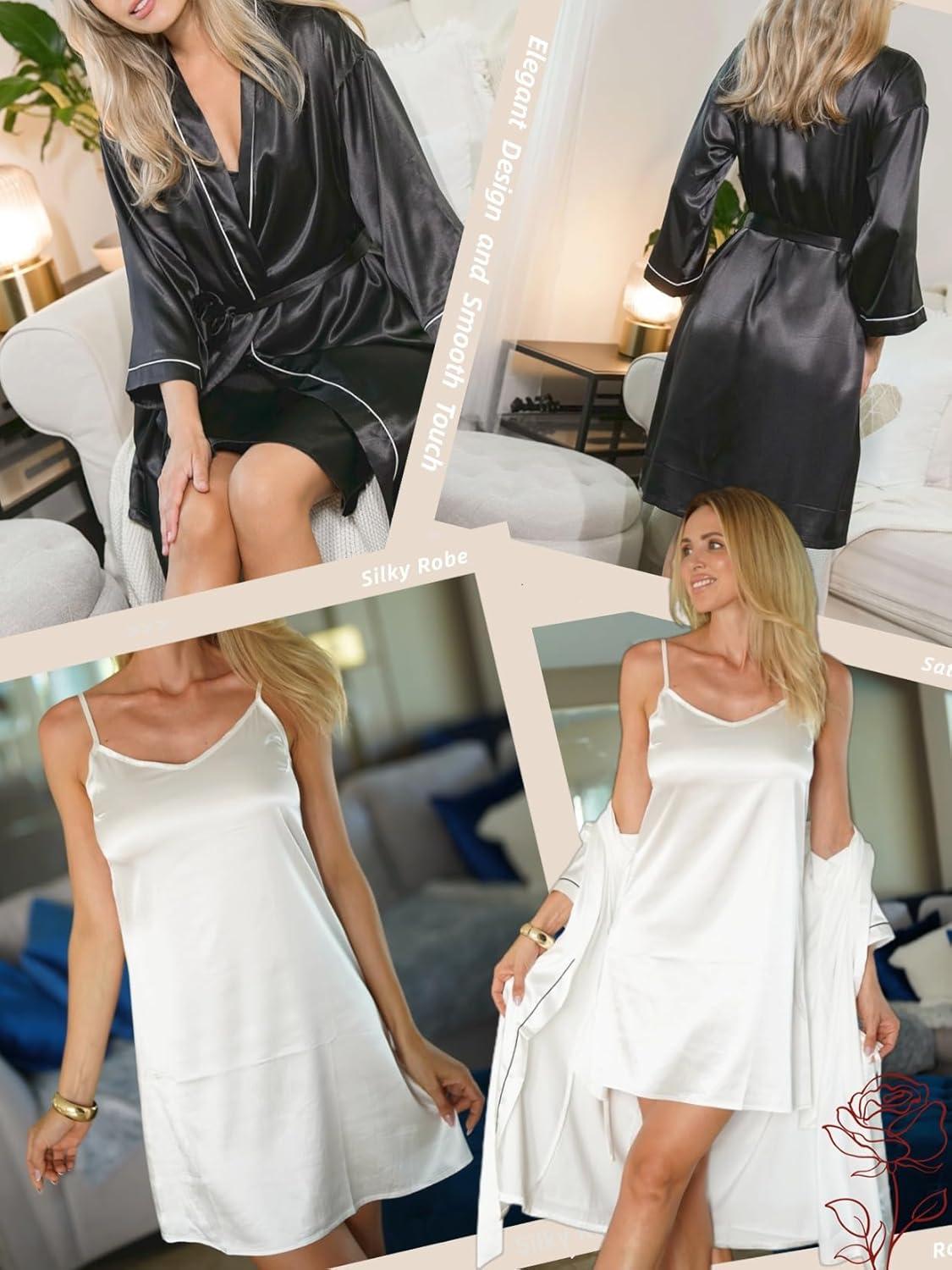 imageEkouaer Womens Silk Robe Set V Neck 2 Piece Satin Bathrobes 34 Sleeves Bridal Sleepwear Sexy Cami NightgownWhite
