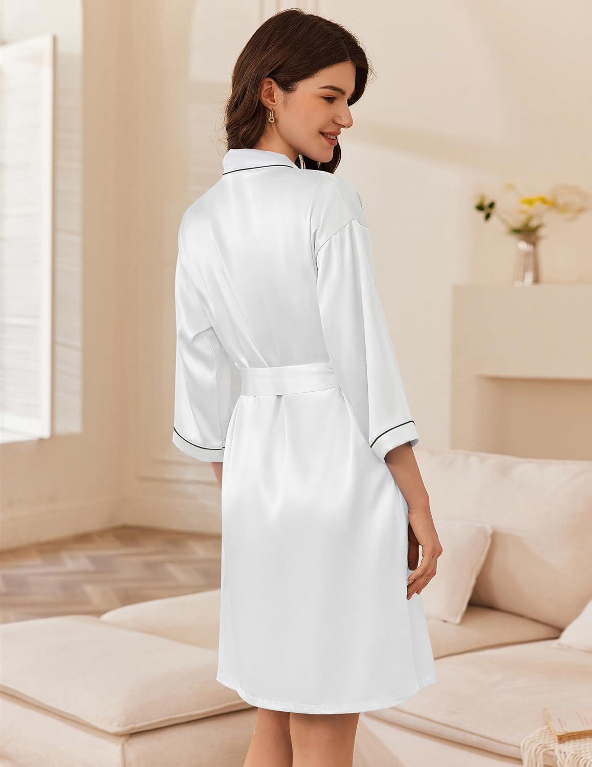 imageEkouaer Womens Silk Robe Set V Neck 2 Piece Satin Bathrobes 34 Sleeves Bridal Sleepwear Sexy Cami NightgownWhite