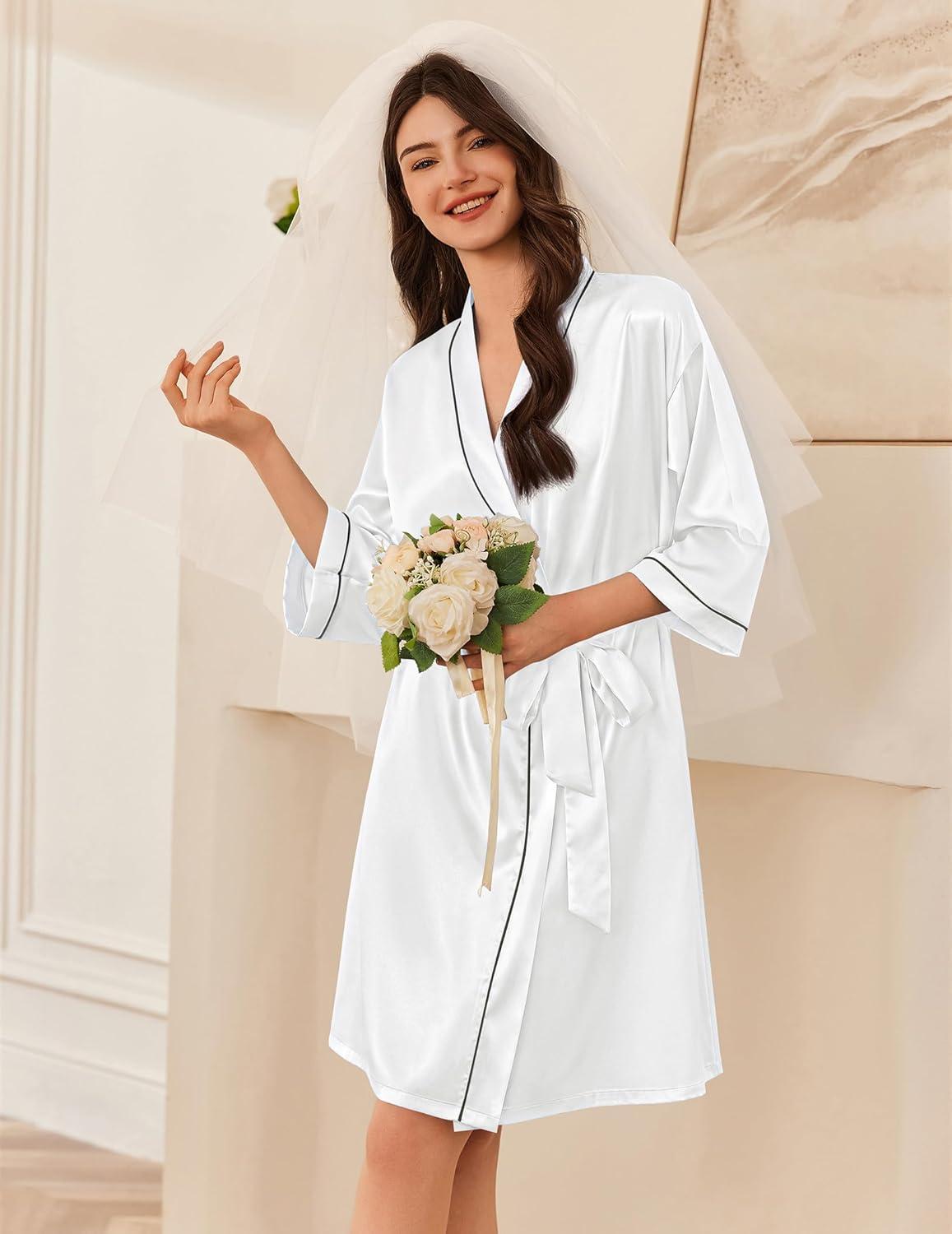 imageEkouaer Womens Silk Robe Set V Neck 2 Piece Satin Bathrobes 34 Sleeves Bridal Sleepwear Sexy Cami NightgownWhite