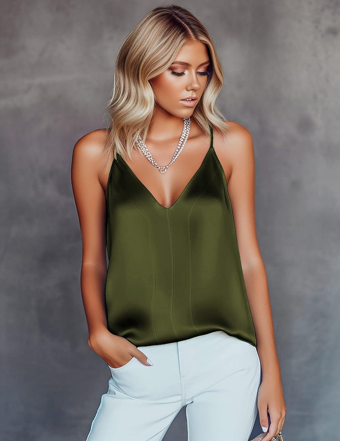 imageEkouaer Womens Silk Satin Camisole Tank Tops V Neck Sleeveless Spaghetti Straps Blouse Casual Racerback ShirtArmy Green