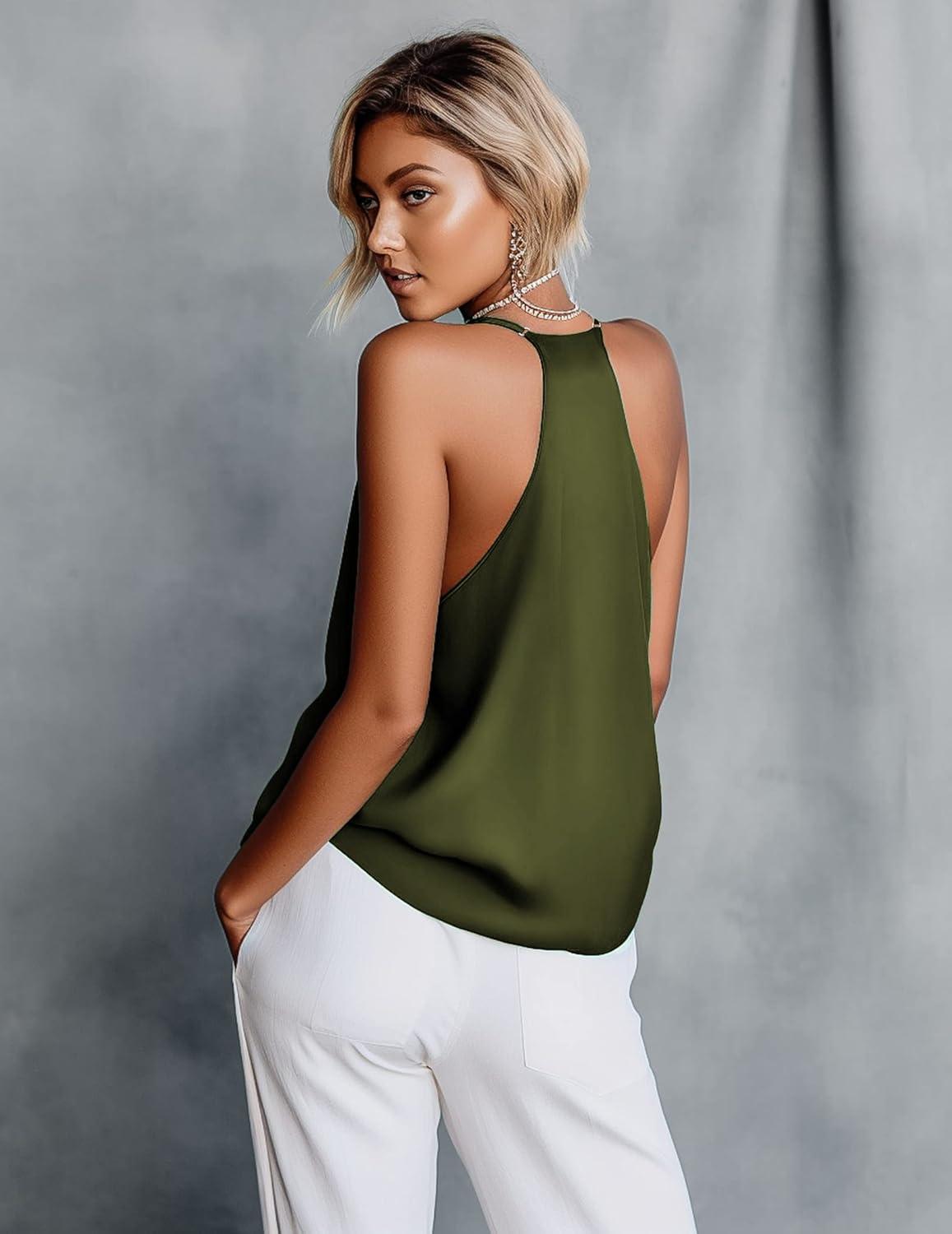 imageEkouaer Womens Silk Satin Camisole Tank Tops V Neck Sleeveless Spaghetti Straps Blouse Casual Racerback ShirtArmy Green