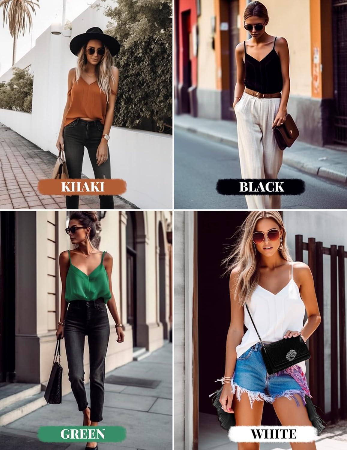 imageEkouaer Womens Silk Satin Camisole Tank Tops V Neck Sleeveless Spaghetti Straps Blouse Casual Racerback ShirtKhaki